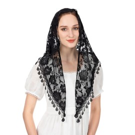 Wgior Triangle Veils for Church Lace Chapel Veils Catholic Mass Head Covering Scarf Mantilla Veils for Women (Black)