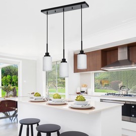 TODOLUZ 3-Lights Black Linear Pendant Light Fixtures, Opal White Glass Kitchen Island Lighting Height Adjustable, Ceiling Mount Dining Room Chandelier E26 Bulb Base