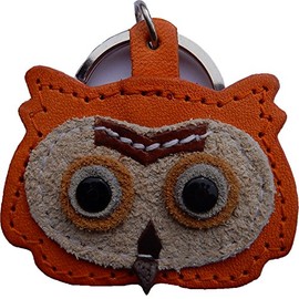 Real Leather Keychain Featuring Owl Pendant, approx. 5 x 5 cm, medium, Orange