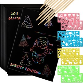 ZEAYEA 200 Pcs Scratch Paper Art Set, Scratch Off Rainbow Magic Paper with 10 Stylus, 8 Stencils, Black Scratch Notes for Boys and Girls DIY Crafts Christmas Birthday Gift Cards