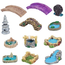 Dong Huang 12pcs Mini Fairy Garden Accessories Kit, Micro Landscape Decoration Pond Bridge Ornaments, Miniature Figurines for Potted Plant Bonsai Terrarium Decor