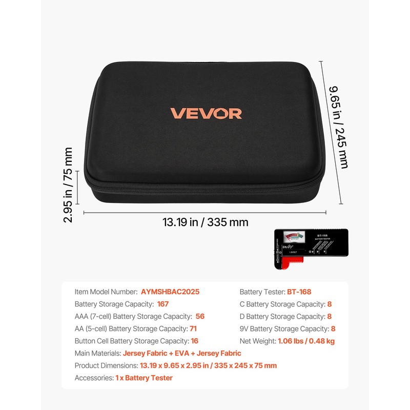 VEVOR Battery Organizer Storage Box, Battery Case Bag with Tester