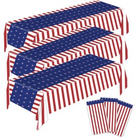 American Flag Patriotic Tablecloth 3 Pack 54x108 Disposable Plastic Table Cover Red White and Blue Stars Stripes for 4th of July Table Cloth, Memorial Day Outdoor Picnic BBQ Camping Party Supplies