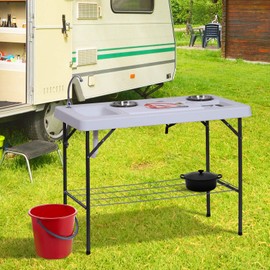 Outsunny Portable Folding Camping Table with Sink, Faucet, Dual Stainless Steel Basins, and Accessories for Fish Cleaning, 50"