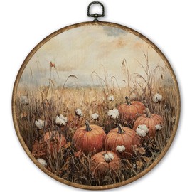 TLESKE Vintage Fall Pumpkins Wildflowers Round Wall Art Decor Framed 10x10, Rustic Farmhouse Floral Canvas Wall Art Prints Artwork, Autumn Flower Wall Hanging Room Door Decor for Bedroom Living Room