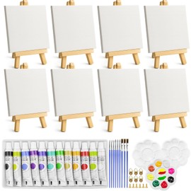 Zouboto Mini Canvas and Easel,46 Pcs Painting Set Includes 4x4 Inches Primed Canvas,Mini Wooden Easel,Acrylic Paint,Paint Brushes and Palette for Kids Artists Art Party