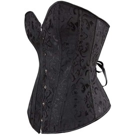 KSHUN Women's Sexy Satin Floral Boned Overbust Corset Top Lace up Back Underbust Body Shaper (Large, Black)
