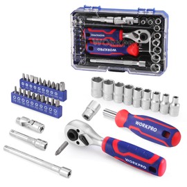 WORKPRO 34 PCS 1/4" Drive Mini Socket Ratchet Wrench Set, Screwdriver Bit Set, Dual Socket & Bit Head Ratchet, Magnetic Driver, Metric Sockets 4-12mm, Extension Bars & Universal Joint, Storage Case