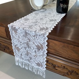 Rilassato Lace Table Runners with Tassels for Bohemian, Dinner Rustic Table Top Bridal Shower, Wedding Table Decorations (108 inches, 5017 White)
