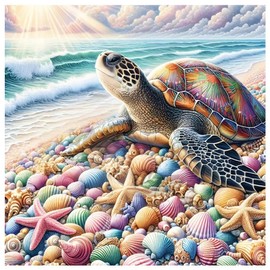 DPDAKIT Diamond Art Kits Beach for Adults, Diamond Painting Kits Sea Turtle for Beginner, 5D DIY Round Full Gem Art Crafts for Home Wall Decor Gift, 12x12inch