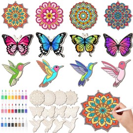 Gerrii 37 Pcs Wooden Mandala Painting Kit Including 4 Mandala 4 Butterfly 4 Hummingbird 24 Colored Markers and 1 Drawstring Bag, Unfinished Wood Cutouts with Hole for Home Hanging Ornament DIY Craft