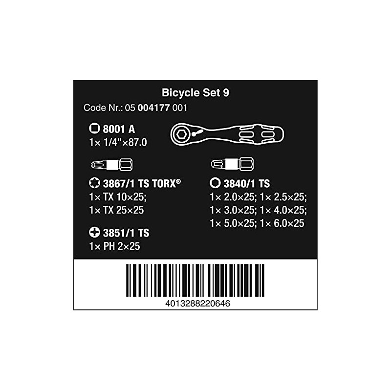 Wera Bicycle Set 9 Bit Assortment Stainless with Ratchet