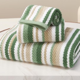 Green Striped Towels - 100% Cotton, Quick Dry, Soft & Absorbent, 3PC Luxury Towels Set (Bath 28"x52", Hand 16"x27", Wash Cloth 13"x13"), Stripe Shower Towel with Hanging Loop, Sage and Beige