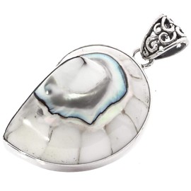 White Genuine South Pacific Nautilus Shell 925 Sterling Silver Pendant, 1 3/4"