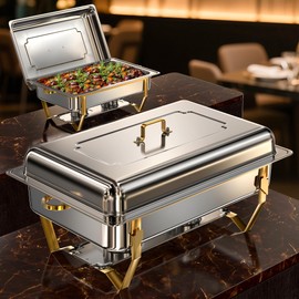WARMOUNTS Gold Chafing Dishes for Buffet (9QT, 2 Pack) - Easy Assembly, Food-Grade Stainless Steel Chafers for Catering w/Rolled Rim Design, Foldable Frame, for Party, Banquet (Full Size Food Pan)