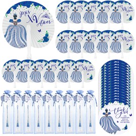 CroBlissful 50 Sets Quinceanera Favors for Guests Thank You Folding Paper Fan with Card Handheld Fans with Princess Design Gifts Sweet 15 Party Supplies for Birthday Mis Quince Anos Celebration (Blue)