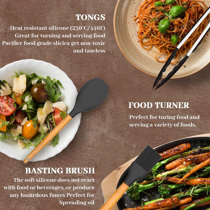 Kitchen Cooking Silicone Utensils Set, Black Rubber Spatula Cookware Accessories