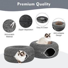 Adeco Cat Cave Bed, 23.6in Premium Felt Cat Bed for Indoor Cats, Detachable & Washable Cat Tunnel Bed for Large Cats Up to 30-45 Lbs, Scratch Resistant Donut Cat House, Dark Grey