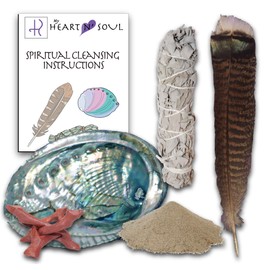 Deluxe Smudge Kit with Sage, Handmade Feather, Sand, Abalone Shell, Stand - Energy Cleansing Clearing Spiritual Practice House Smudging - Detailed Instructions for Beginners… (Brown Turkey Feather)
