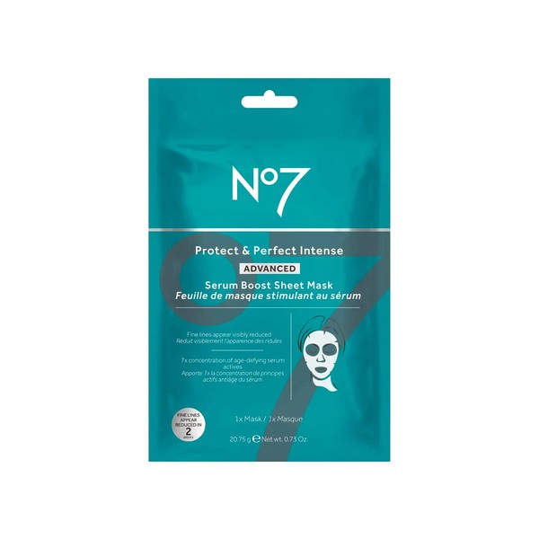 No7 Protect & Perfect Serum Boost Sheet Mask - Anti Aging Face Mask Reduces Fine Lines and Wrinkles - Hyaluronic Acid + Rice Protein Moisturizing Sheet Face Mask (1 Mask)