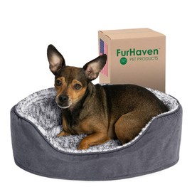 Furhaven Dog Bed for Small Dogs w/ Removable Washable Cover & Pillow Cushion Insert, For Dogs Up to 12 lbs - Two-Tone Faux Fur & Suede Oval Lounger - Gray, Small