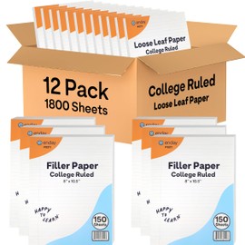 Loose Leaf Paper Bulk, 1800 Sheets, College Ruled, (12 Pack) 150 Sheets Per Pack, 8" x 10.5" White Filler Paper, 3 Hole Punched Binder Paper for 3 Ring Binders, Notebook Paper - By Enday