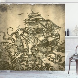 Ambesonne Nautical Shower Curtain, Kraken Octopus Tentacles with Ship Sail Old Boat in Ocean Waves, Cloth Fabric Bathroom Decor Set with Hooks, 69" W x 70" L, Yellow Olive