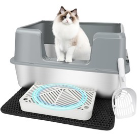 Vivifying XL Stainless Steel Cat Litter Box, High Side Metal Litter Pan with Scoop and Footboard for Kittens, Rabbits and Hamsters, Easy Cleaning Design (Gray)