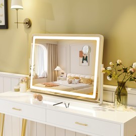 CHARMAID Vanity Mirror with Lights - 32'' x 22'' Large Lighted Vanity Makeup Mirror with 10X Magnify Mirror, Dimmable 3-Color Lighting Modes, Shatterproof LED Mirror for Vanity Desk Tabletop, White