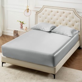 Bedsure Bedsure Satin Fitted Sheet Full Size - Silk Bed Sheet, Luxury & Ultra Soft, Non-Fading & Wrinkle Free, Good for Hair & Skin (Silver Grey, 54x75+15 Inches, 1 Piece)