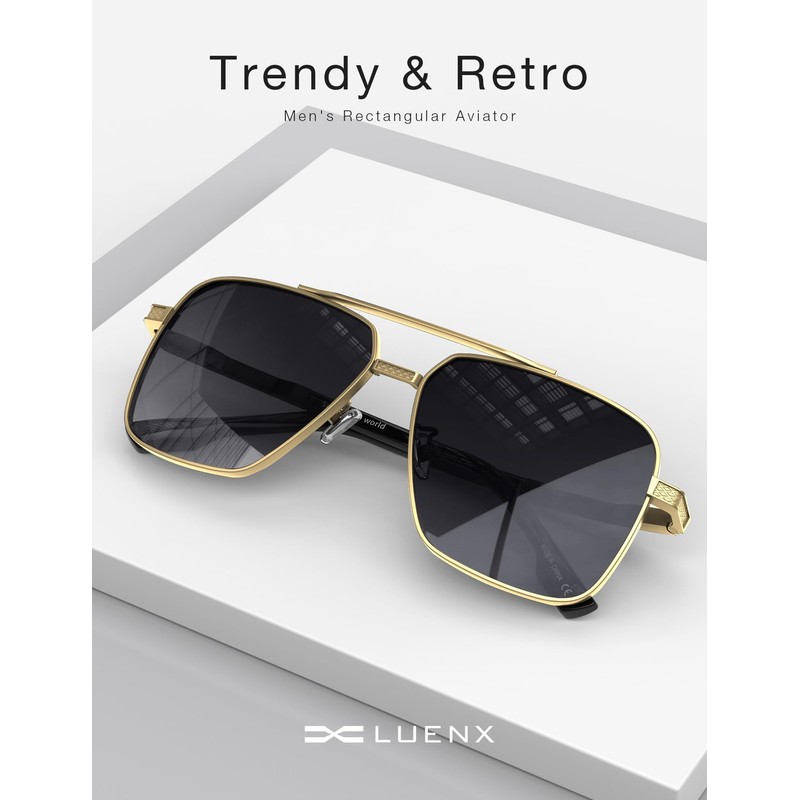 LUENX Polarized Square Aviator Sunglasses for Men, Trendy Retro Oversized