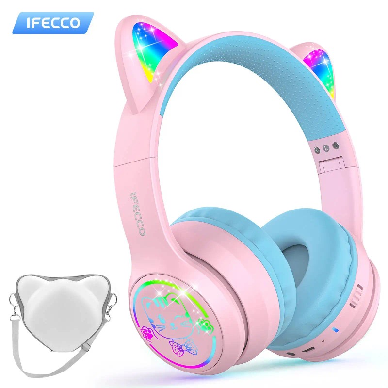 IFECCO Kids Headphones Cartoon Face Wireless Childrens Headset LED Indicator