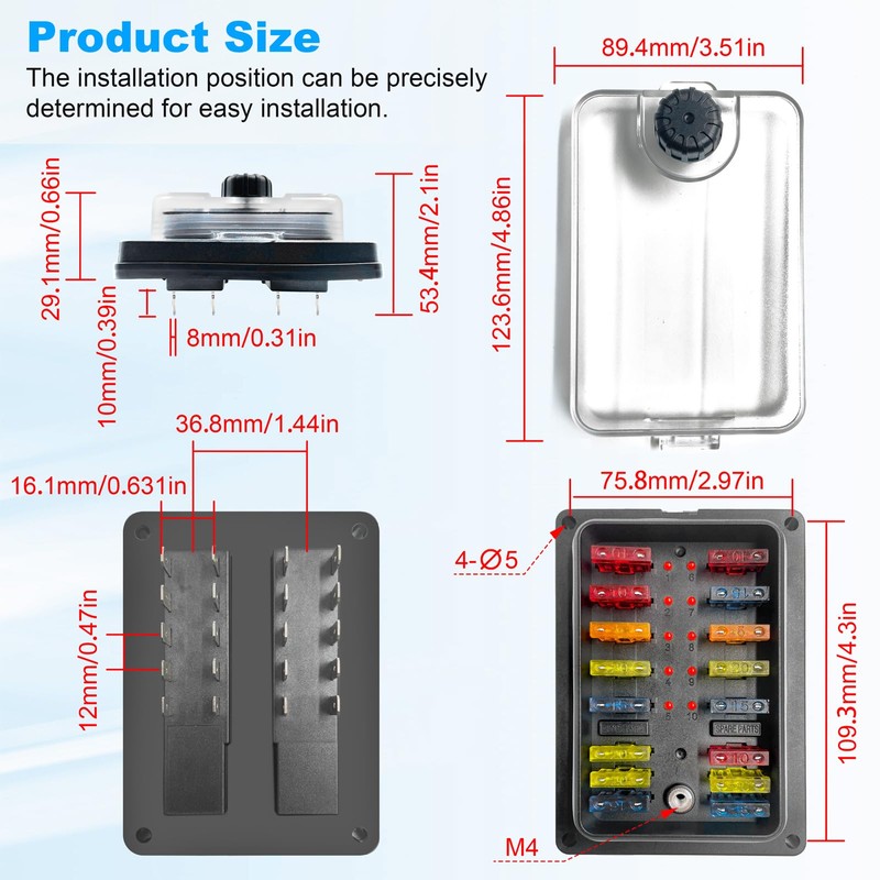 100A 10 Way Fuse Block, 12V Fuse Box Holder 10