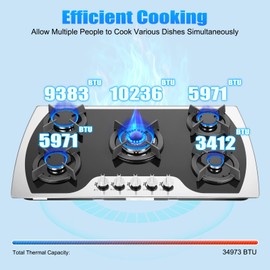 SNKOURIN 36" Gas Cooktop, Stainless Steel Built-in Gas Stove 5 Burners with Independent Switch Control, NG/LPG Convertible Gas Cooktop,Thermocouple Protection