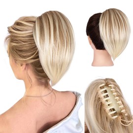 ZQIAN BEAUTY Claw Clip Ponytail Extension - 10 Inch Short Pony Tails Hair Extensions, Soft Synthetic Straight Hair Extensions Ponytail, Clip in Ponytail (Color: Blonde with Bleach Blonde Ends)