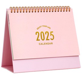 Small Desk Calendar 2025, Standing Flip Desktop Calendar - Metal Ring Twin-Wire Binding Monthly Desktop Calendar for Home Office School (Pink A)