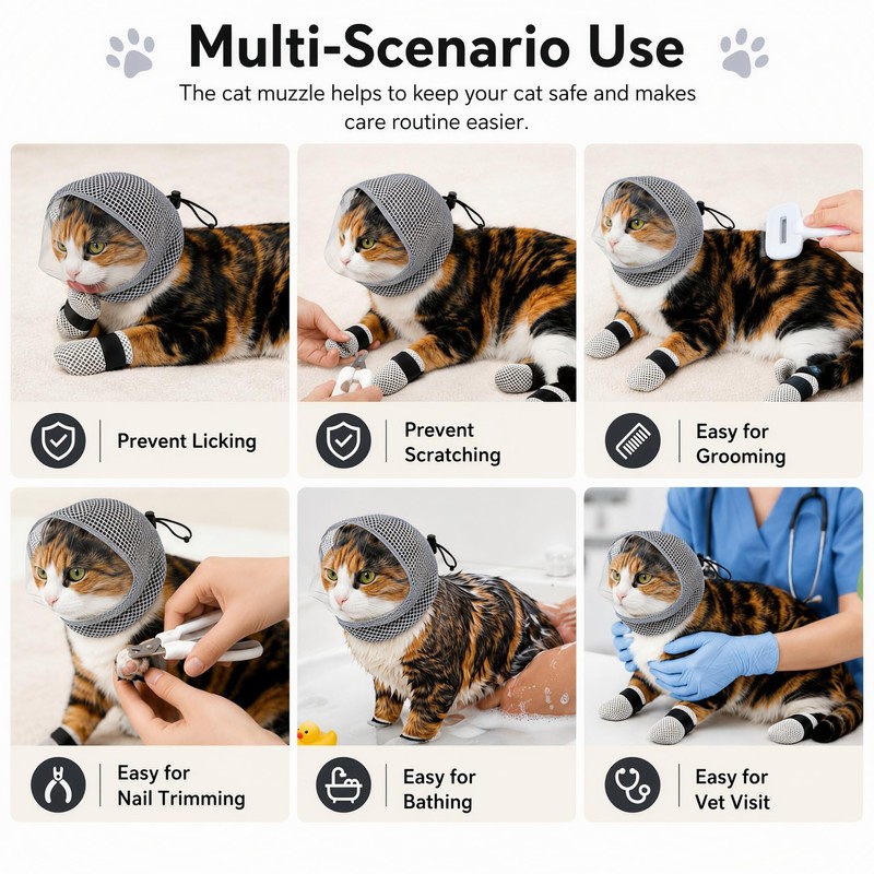 Cat Muzzle - Adjustable Anti-Bite Head Cover, Breathable Cat Grooming
