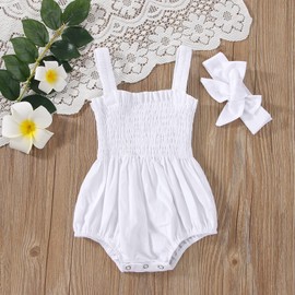Tsseiatte Newborn Baby Girl Summer Bodysuit Headband Set Solid Color One Piece Ruffle Strap Romper Jumpsuit 0-18M (C-White,12-18 Months)