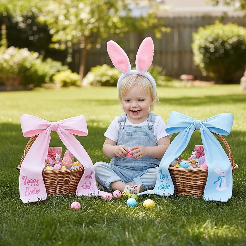 Maysing Embroidery Easter Basket Bow Happy Easter Bunny Bow 11.8