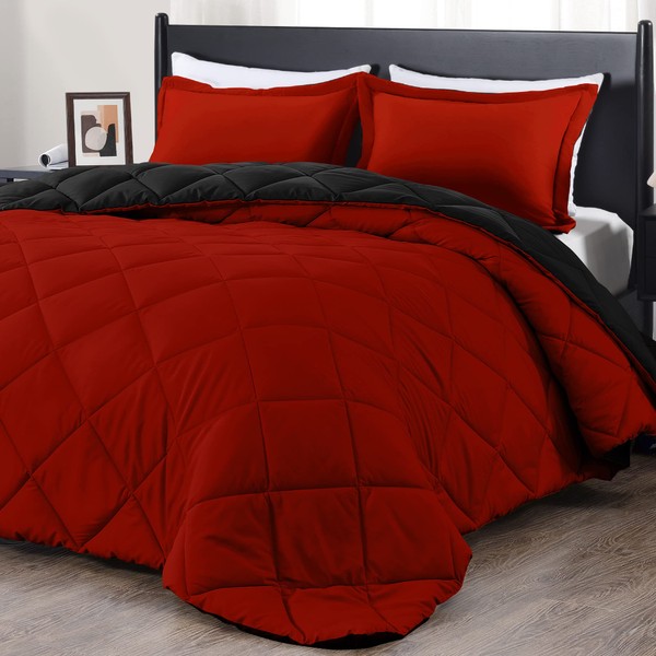 downluxe Queen Comforter Set - Red and Black Queen Comforter, Soft Bedding Comforter Sets for All Seasons, Queen Bed Comforter Set - 3 Pieces - 1 Comforter (88"x92") and 2 Pillow Shams(20"x26")