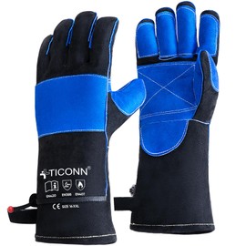 TICONN 16 Inch Welding Gloves, 1000°F Heat-Resistant Fireproof Leather Gloves for Welders, Stick, Forge, Mig, Tig, BBQ, Baking, Oven (Black/Blue, L)
