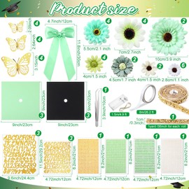 Wavwavw 59 Pcs DIY Graduation Cap Decorations Kit, Green Grad Cap Decor with Lights Included Bow Faux Daisy Flowers 3D Butterfly Pearl Letters Stickers Construction Paper for DIY Grad Hat Topper