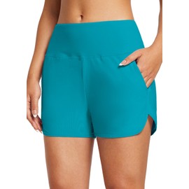 BALEAF - Pantalones cortos de natación de cintura alta de 3 a 5 pulgadas para mujer, de secado rápido, con bolsillos, Azul Aqua, M