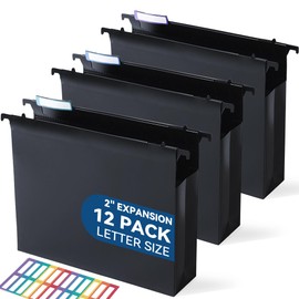SortRax Plastic Extra Capacity Hanging File Folders, 2" Expanding Pocket, Heavy Duty for Filing Cabinet, Insertable 1/5-Cut Tabs, Letter Size - 12 Pack