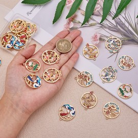 COGCHARGER 28 Pieces Round Shape Enamel Charm Deer Fish Charms Phoenix Animal Pendant Light Gold for Jewelry Necklace Bracelet Making Crafts