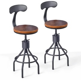 BOKKOLIK Set of 2 Industrial Bar Stools with Backrest 23-33inch Swivel Wooden Seat Kitchen Island Dining Chair Counter Stool Height Adjustable