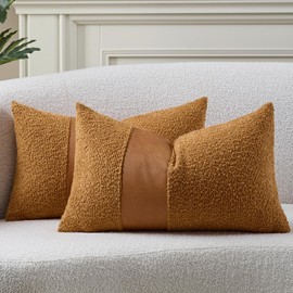 Pack of 2 Faux Leather Boucle Throw Pillow Covers 20"x12" Golden Brown Chic Accents Textured Rectangular Lumbar Decorative Pillow Cases for Living Room Couch Bed Farmhouse Boho Home Decor