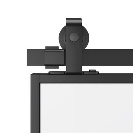 JUBEST 7FT Heavy Duty Black Top Mounted Barn Door Hardware Kit for 42IN Aluminum Framed Glass Door or Wooden Barn Door