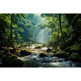 Jungle Rainforest Aquarium Background Tranquil Stream Meanders Fish Tank Background Vibrant Foliage Dense Green Forest Reptile Tank Backgrounds Foggy Misty Trees Reptile Enclosure Backgrounds 24x12in