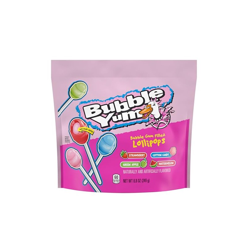 BUBBLE YUM Assorted Flavored Bubble Gum Filled Lollipops, Candy Bag,